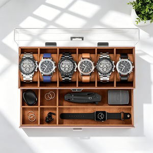 Caja para relojes de cuero PU – Estuche de almacenamiento de doble capa con 6 y 10 ranuras para relojes, anillos y collares, organizador de joyas - Product Image 4