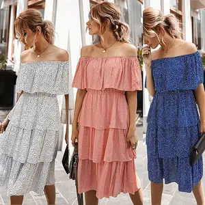 Bán Buôn Ngắn Tay Áo Ladies Prom Giản Dị Thanh Lịch Polka Dot Dài & Lỏng Bãi Biển Boho Tắt Shoulder Dress