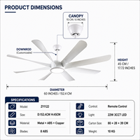 Ventilateur de plafond grand format de 60 pouces avec télécommande, lumière LED de 22 W, moteur CC réversible, pales de ventilateur en ABS, débit d'air élevé, ventilateur de plafond moderne avec lumière