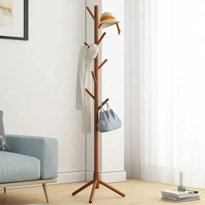 Wholesale Vintage Nordic Household Portable Wooden Coat Tree Hanger Stand Clothes Drying Corner Rack Stand