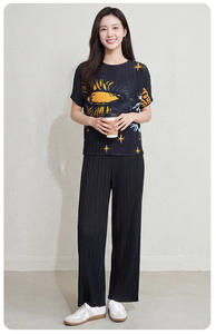 PY Casual Sky Print Pleated Top Women Fashion T-shirt Elegant Stand Collar Short Sleeve Loose Breathable Blouse Bulk Clothing - Product Image 4