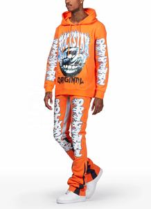 New Season Men Cotton Street Style <strong>Tracksuit</strong> Custom Private Digital Print Man <strong>Orange</strong> Hoodie Super Stacked Flared Track Set - Product Image 2