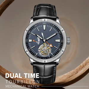 Montre mécanique tourbillon à double fuseau horaire personnalisée OEM pour homme, boîtier en acier inoxydable, bracelet en cuir, mouvement automatique 42 mm, verre saphir - Product Image 1