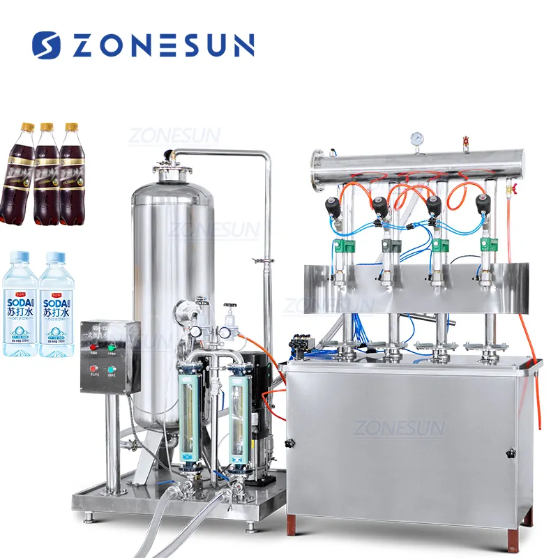 Zonesun ZS-CF4 bebidas semi-automáticas, 4 cabeças carbonadas, vinho brilhante, cerveja, refrigerante, água, líquido, isobar, máquina de enchimento com misturador