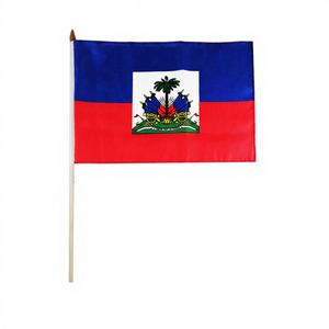 Drapeau haïtien à main 12"X18" 480 pièces 40DZ/CS en polyester satiné avec impression numérique et mât en aluminium - Product Image 1