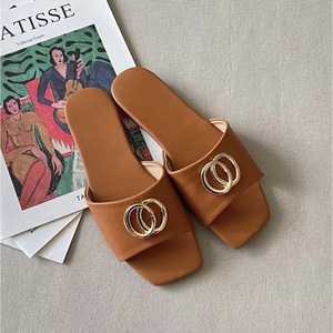 Designer Style Summer Women's Square Toe for Metal Double Buckle Strap <b>Slides</b> Casual Versatile Flat Beach Fashion Trend - Product Image 4