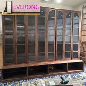 Librería de Madera de Nogal Negro para Sala de Estar, Integrada en Toda la Pared, con Asiento y Sofá Detrás de la Librería, con Puerta - Product Image 3