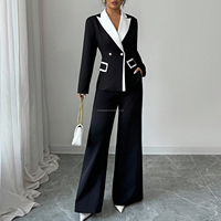 Traje de Dos Piezas Elegante para Mujer con Logotipo Personalizado, Blazer Cruzado con Solapa en Contraste, Pantalón de Pierna Ancha de Cintura Alta, Tallas Grandes