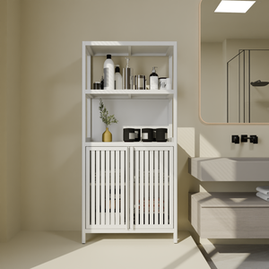 White Bamboo <b>Storage</b> Cabinet With 2 Doors Floor Cabinet Organizer For Bathroom Living Room Kitchen Entrance - Product Image 2