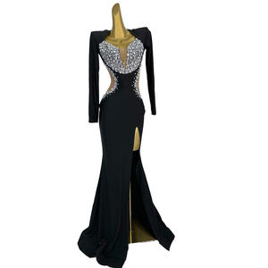 优雅的黑色水钻生日婚礼嘉宾晚宴美人鱼礼服女性剪裁狭缝宴会舞会长裙晚宴礼服 - Product Image 1