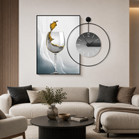 Horloge murale en verre cristal, ronde, analogique, avec des motifs abstraits de paysages et de boissons, pour la décoration du salon et de la salle à manger
