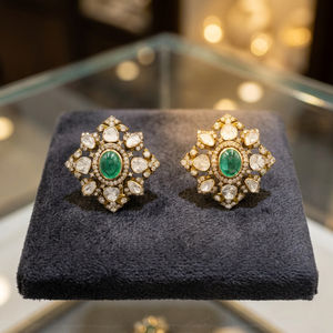 Classic 18K Gold Victorian Bloom <b>Stud</b> Earrings With <b>Emerald</b> Centre Gemstone & Polki Diamonds Floral Design Earring Set Jewellery - Product Image 2