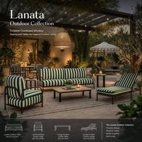 Gestreifter gepolsterter Loungesessel mit schwarzem Metallgestell, gebogener Armlehne, moderner Akzentsitzgelegenheit, Outdoor-Terrassensofa