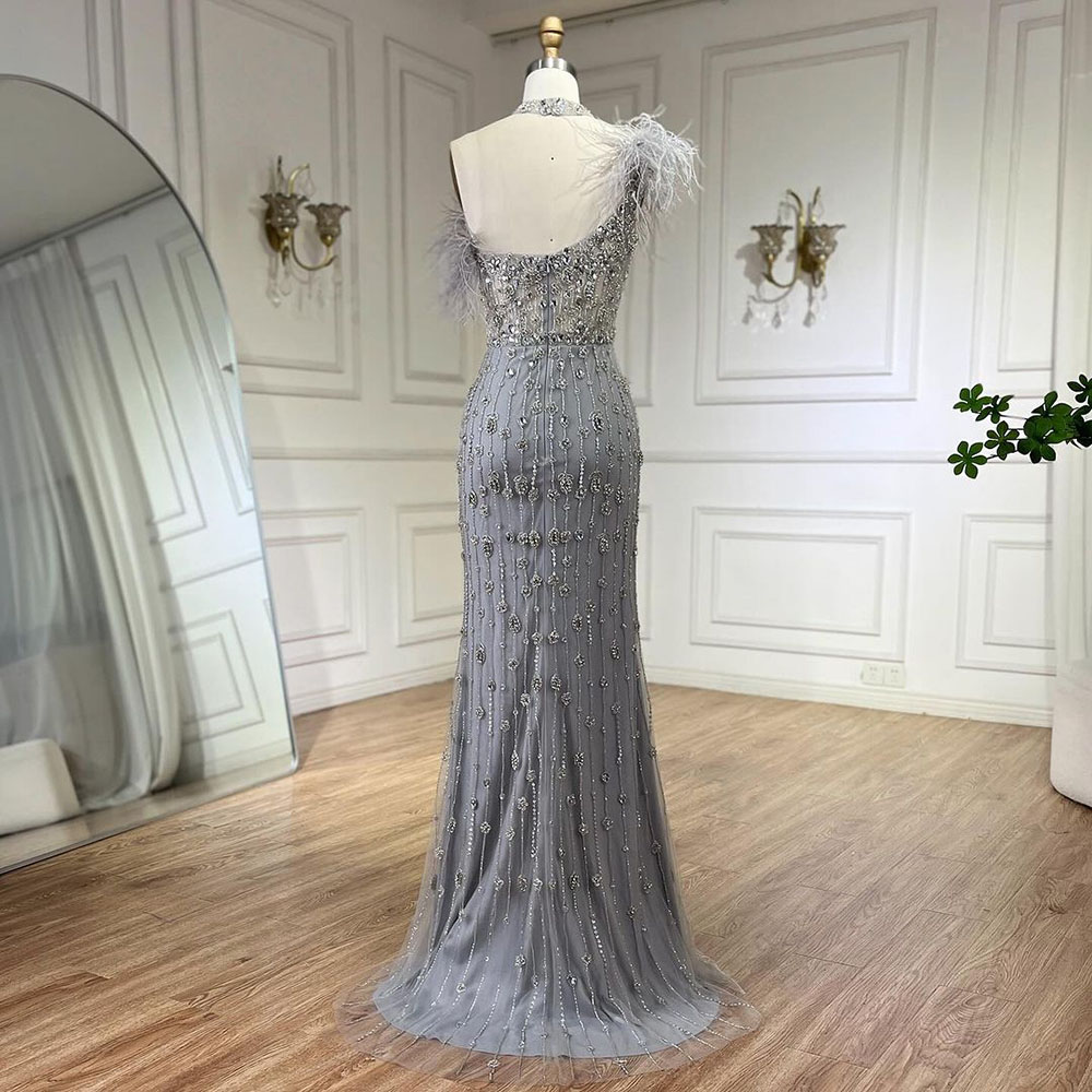 【中古美品】Hella BACK SLIT DRESS（Mサイズ） 2024 Gray Halter Feathers Beaded Mermaid High Split Dress
