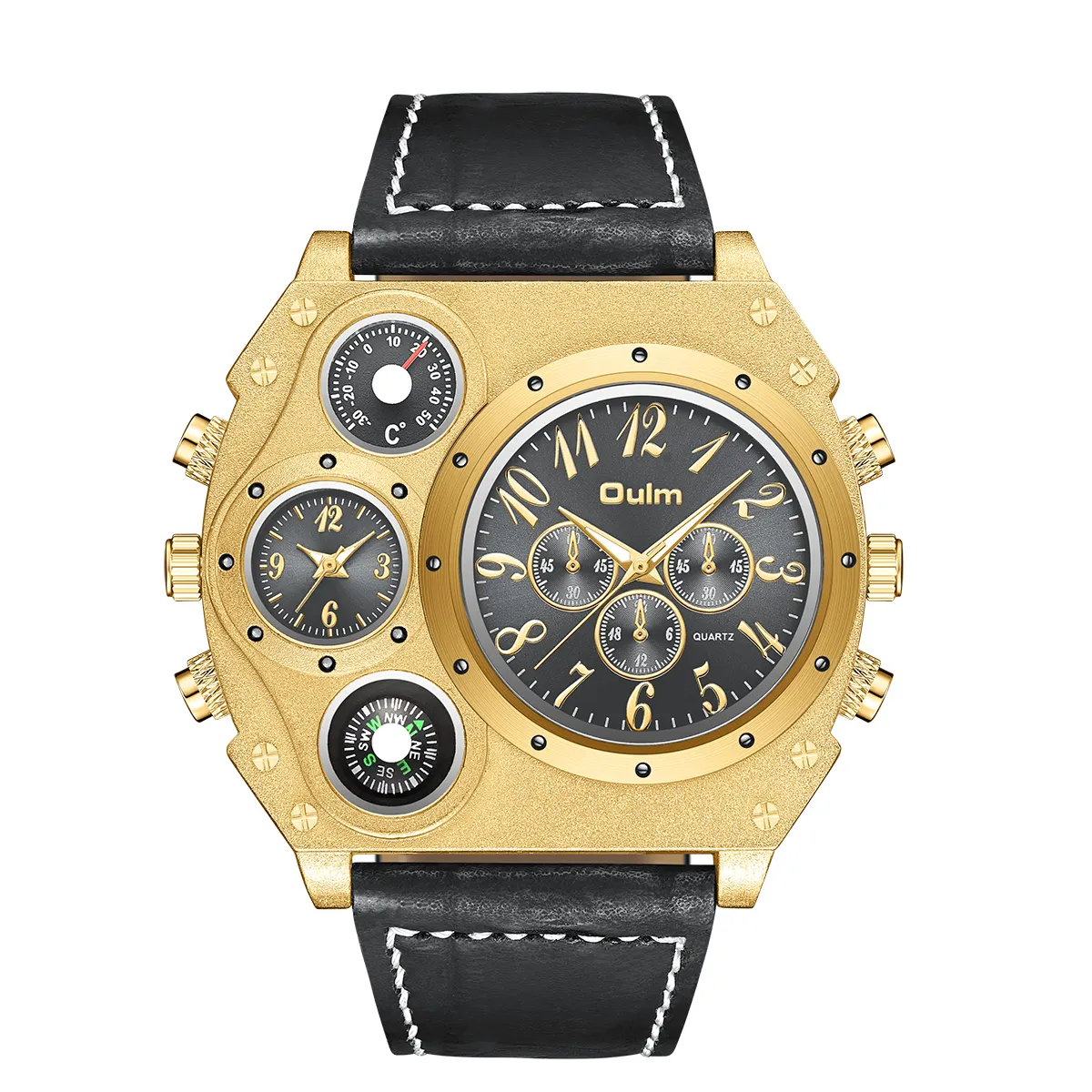 Unique Design OULM Dual Time Big Face Men Watch with Compass Leather Bracelet Quartz Watch Relojes