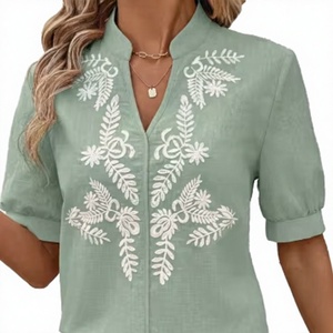 Blusa Vintage Elegante de Manga Regular con Cuello en V, Bordado Floral Sólido y Paisley, Transpirable, Moda Retro para Otoño y Primavera al por Mayor - Product Image 3