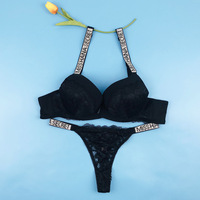 TJS166Custom Ensemble de lingerie sexy avec lettres anglaises et strass, comprenant un string et un soutien-gorge, pour femmes matures et jeunes filles
