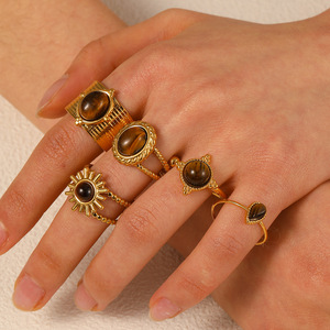 Fashion <b>Rings</b> Women's Tiger Eye Inlay Gold Tone Open Design Geometric Sun Shape <b>Statement</b> Jewelry Gift - Product Image 2