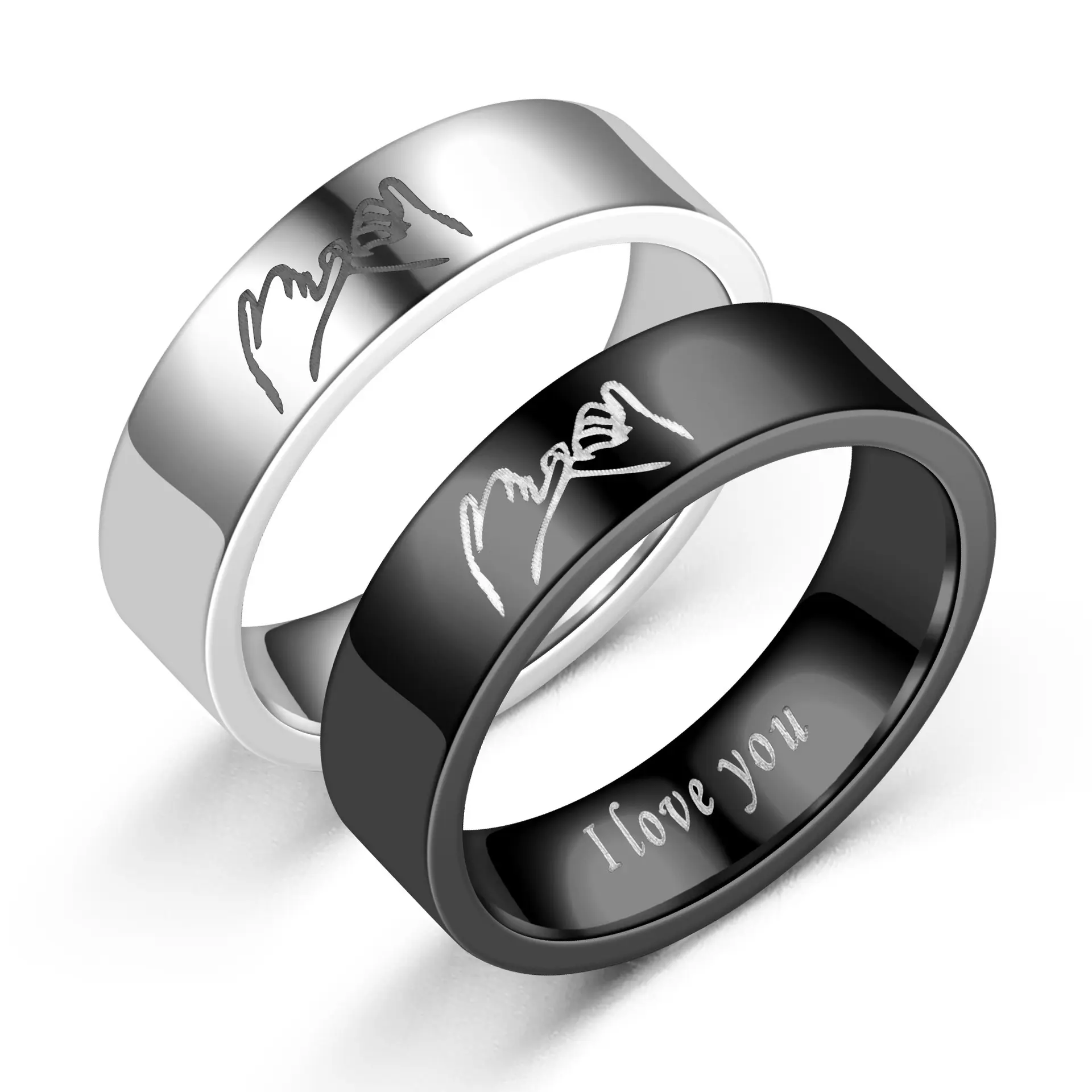 New Fashion Jewelry Custom Logo Stainless Steel Silver Black Hand In Hand Engraved I Love You Couple Ring For Lovers