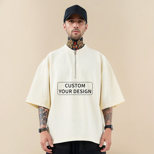 T-shirt Oversize da <span class=keywords><strong>Uomo</strong></span> <span class=keywords><strong>a</strong></span> <span class=keywords><strong>Maniche</strong></span> Corte con Mezza Zip Verde Goffrato di Alta Qualità, Design Personalizzato OEM e Ricamo sulla Zip - Product Image 3