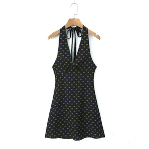 Robe midi personnalisée 2026 pour femme, col en V, dos nu, coupe ajustée imprimée, avec lien réglable, style vintage décontracté, OEM/ODM - Product Image 3