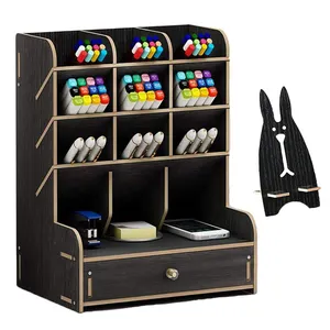 Organizador de canetas para mesa, suporte de lápis de madeira para desktop, artigos de papelaria com 9 compartimentos para casa, arte e material escolar, escritório