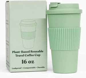 Tasse de voyage à café en fibre de bambou personnalisée de 16oz sans BPA et écologique, biodégradable et réutilisable avec couvercles pour le camping - Product Image 1