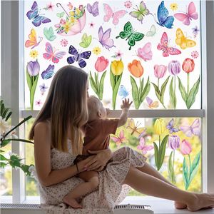 Autocollants de fenêtre en vinyle statique imprimés double face personnalisés en gros, motifs tulipes et papillons, décorations murales pour vitres - Product Image 3