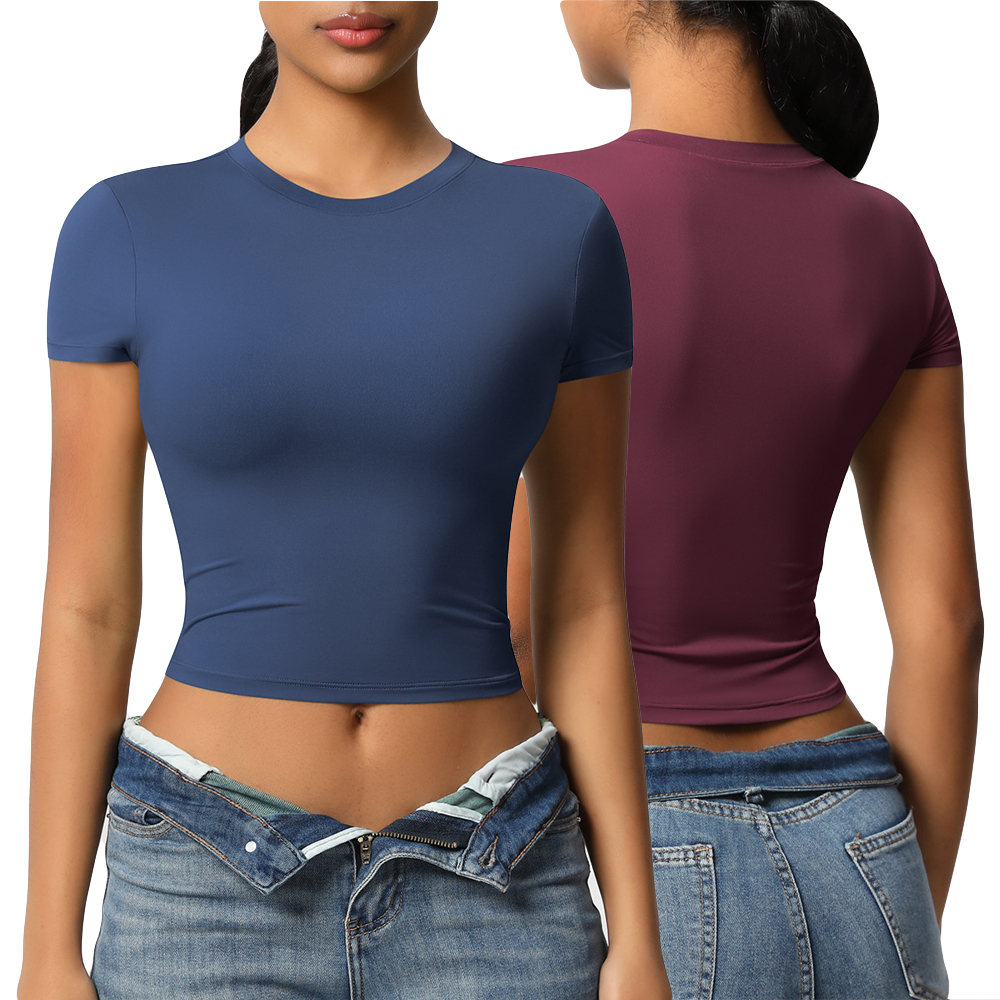 Summer Popular Tight Sportswear Round Neck Skinny Gym Slim Fit T Shirt for Women Short Sleeve Yoga Wrap Custom Crop Top