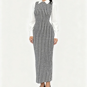 Vestidos Elegantes Ajustados con Mangas Abullonadas y Estampado de Pata de Gallo para Mujer - Product Image 4