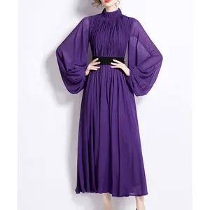 Leisure 2024 Spring New Purple Dress with Elegant Wrinkles and Flowing Chiffon Large hem Plus Size Dress