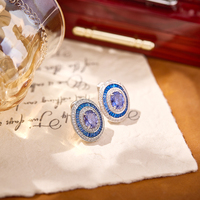 Bijoux afghans Boucles d'oreilles sexy féminines en tanzanite bleue et brillante en laiton zirconium Aiguille en argent non allergique Cadeau d'anniversaire