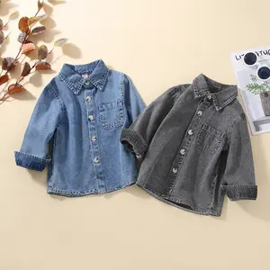 Jaket Denim lengan panjang untuk anak bayi, jaket blus Denim lengan panjang warna polos untuk anak laki-laki