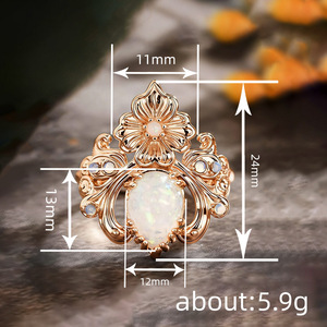 A063 Anello da Donna con Opale, Design Floreale, Montatura a Griffe, Pietra Naturale a Goccia, Gioiello di Moda per Matrimonio - Product Image 4