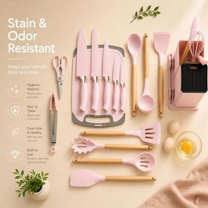 OEM & ODM 19-Piece Custom Kitchen Gadget Set <b>Silicone</b> Cooking Utensils with Wooden Handle and Cuttings Board - Product Image 4