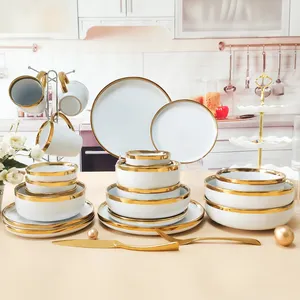 Luxe Gouden Rand Dinerset Keramische Plaatjes Steengoed Servies Keramische Bord Set 6/24 Stuks