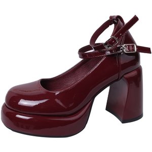 French <strong>Red</strong> Women's High <strong>Heels</strong> Round Toe Chunky <strong>Heel</strong> 6-8cm Pu Upper Rubber Sole One-Strap Buckle Single <strong>Shoes</strong> - Product Image 5