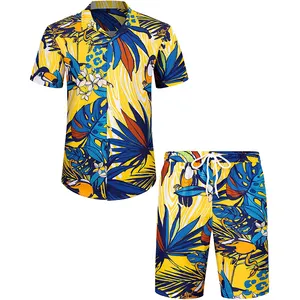 인쇄 된 남자의 하와이안 인쇄 짧은 복장 여름 비치 꽃 셔츠 반바지 남성용 2 종 세트 세트