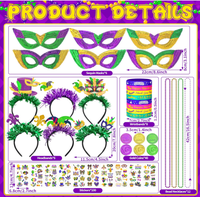 Masques de fête de carnaval Mardi Gras, colliers de perles, bandeaux, bracelets en silicone, pièces de monnaie dorées, autocollants de tatouage, accessoires photo, cadeaux pour stand photo