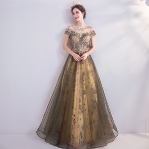 Golden Off The Shoulder Ball Gown Empire Waist Floral Print Evening Dress For Wedding Banquet Stage Performance Host Solo Show - Product Image 1