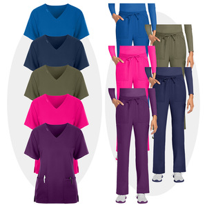 Women V-Neck Scrub Tops And Pants Set Moisture Wicking Knitted Two Piece Medical Uniforms For Nurses Doctors Rose Red Royal - Product Image 1