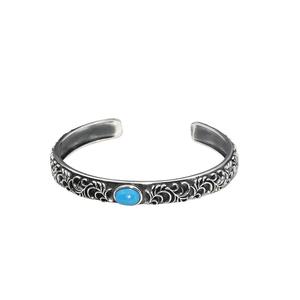 Tide Brand Retro Simple Old Pattern Pulsera Azul Turquesa Brazalete abierto para hombres Mujeres Parejas Moda Thai Silver Tang Grass - Product Image 1
