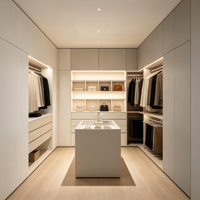 Système de dressing moderne en bois sur mesure, armoire haute sans poignée laquée blanche avec éclairage LED central