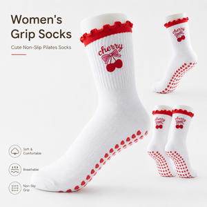 Chaussettes de yoga et de Pilates pour femmes, antidérapantes, respirantes, en coton, avec bordure à volants et broderie cerise, pour la barre - Product Image 1