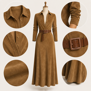Abito Lungo da Donna Personalizzato in Camoscio Marrone con <span class=keywords><strong>Colletto</strong></span> e Cintura, Elegante per Ufficio, Stile Old Money, Vendita all'Ingrosso OEM - Product Image 3