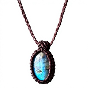 Handmade Vintage Macrame Necklace Labradorite Gemstone 25-30mm Beads Link <b>Chain</b> Pendant Rhodium Plated IGI Certified Anniversary - Product Image 1