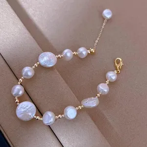 Neue 9-10mm 12-13mm Knopf Barock Perlen Armband Süßwasser Perlen Armband Mädchen Perle Armband Joyas de Perlas