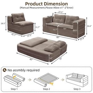 80'' Modern Metal Futon Sofa Bed King Size Foldable Sleeper Sofa Corduroy Boneless Loveseat Couch Chaise <strong>Lounge</strong> 3 Customized - Product Image 2