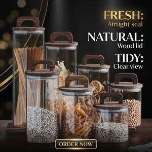 Bocaux et bouteilles de rangement cylindriques en verre borosilicate transparent avec couvercles en bois – Design multifonctionnel et écologique pour la cuisine - Product Image 1
