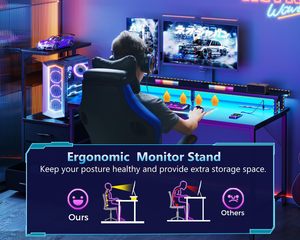 Bureau d'ordinateur moderne en métal avec tiroirs de rangement et éclairage LED, table de travail pour jeux vidéo, finition noire - Product Image 2